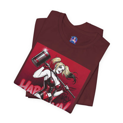 Harley Quinn T-Shirt | DC Comics Anime Tee for Gamers & Fans maroon Bella Canvas 3001 with comic-style Harley holding oversized hammer