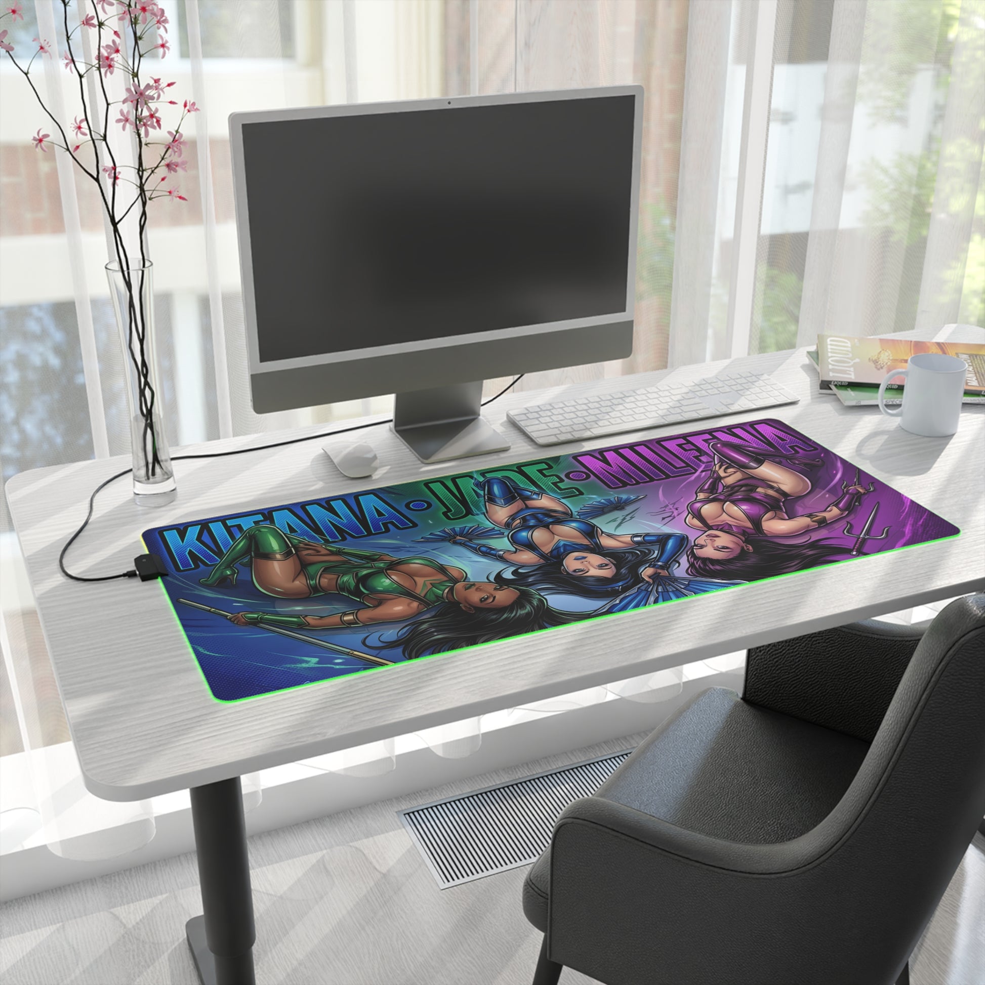 Kitana Jade Mileena RGB Desk Mat, Mortal Kombat Gaming Mouse Pad, LED Desk Mat showcasing trio artwork on a gaming desk