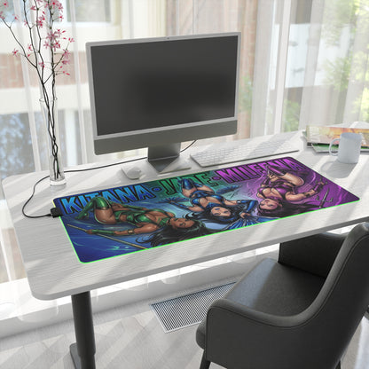 Kitana Jade Mileena RGB Desk Mat, Mortal Kombat Gaming Mouse Pad, LED Desk Mat showcasing trio artwork on a gaming desk