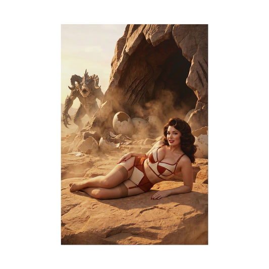 Alt Tag: Fallout Fantasy Woman Poster / Fallout Fantasy Wall Art / Fallout Fantasy Art Print / Fallout Poster — pinup woman reclining in desert with dragon and eggs