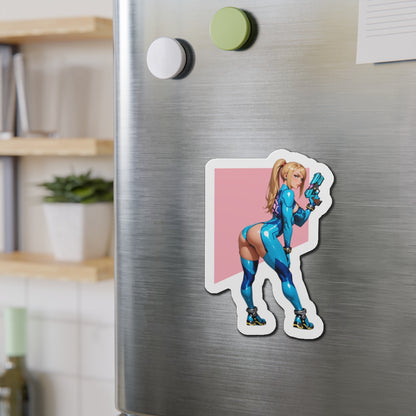 Samus-Magnet – Sexy Sci-Fi-Anime-Magnet, heiße gepanzerte Kämpferin als Kühlschrankdeko