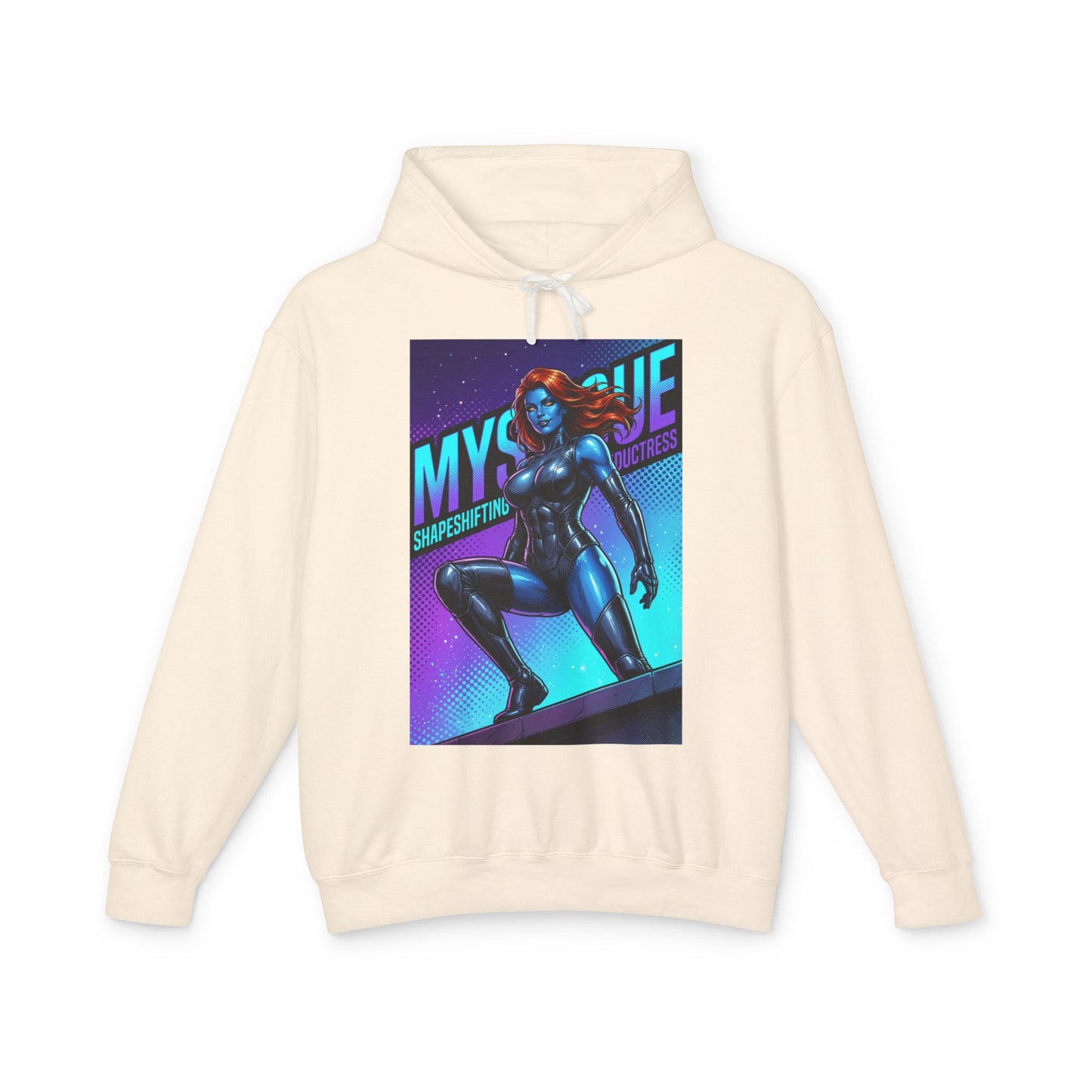 Mystique Hoodie | X-Men Hoodie | Comic Book Villain Pullover - cream hoodie with bold blue Mystique graphic art