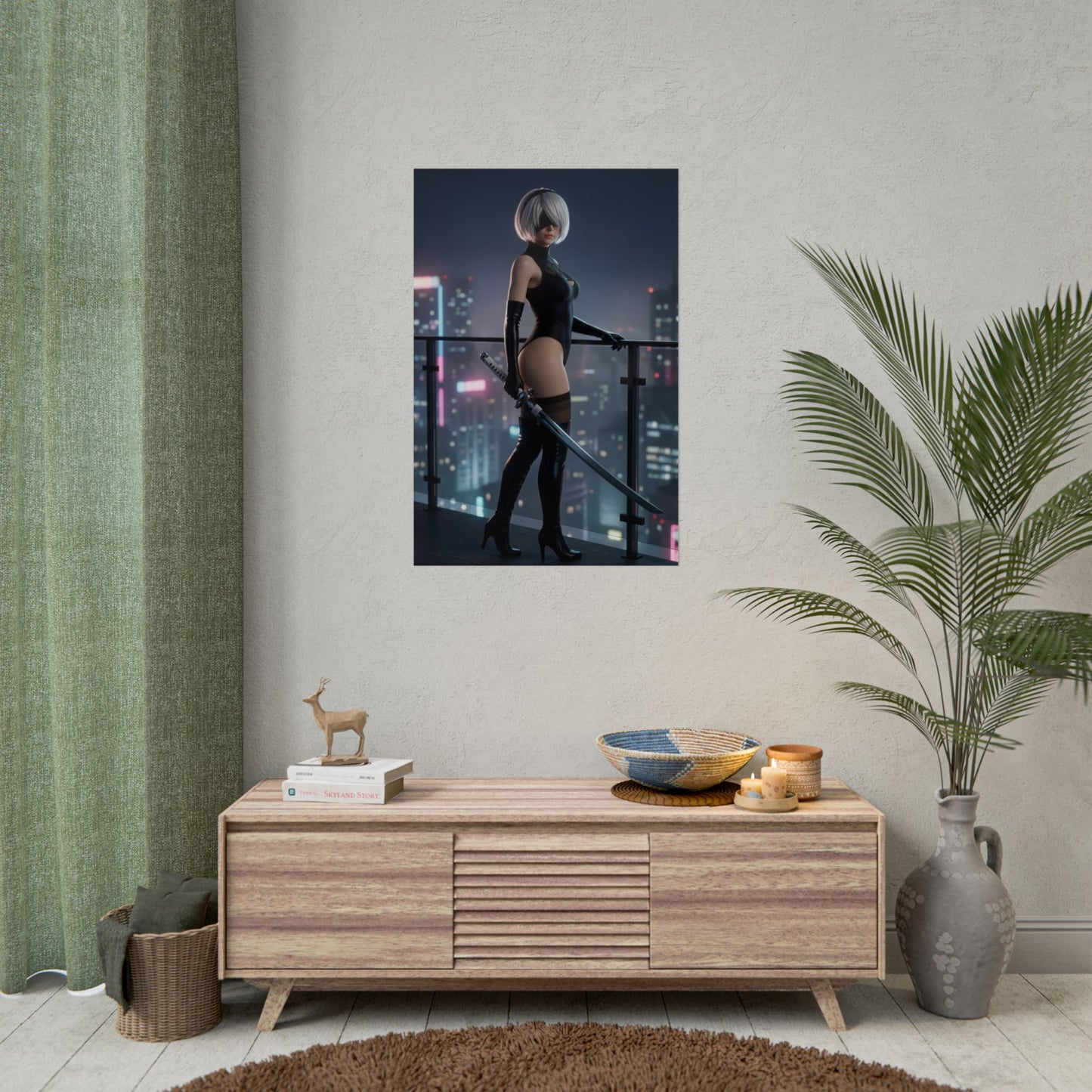 2B Poster, NieR Automata Art Print – Action RPG Heroine Wall Decor showcasing 2B silhouette over neon city skyline