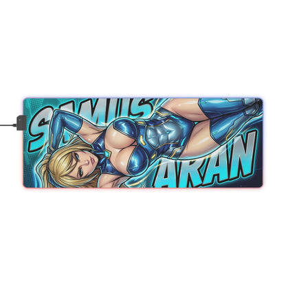 Samus Aran RGB Desk Mat, Sci-Fi Action Gaming Mouse Pad, LED Desk Mat for Gamer Setup featuring futuristic blue-armored character art on illuminated RGB surface