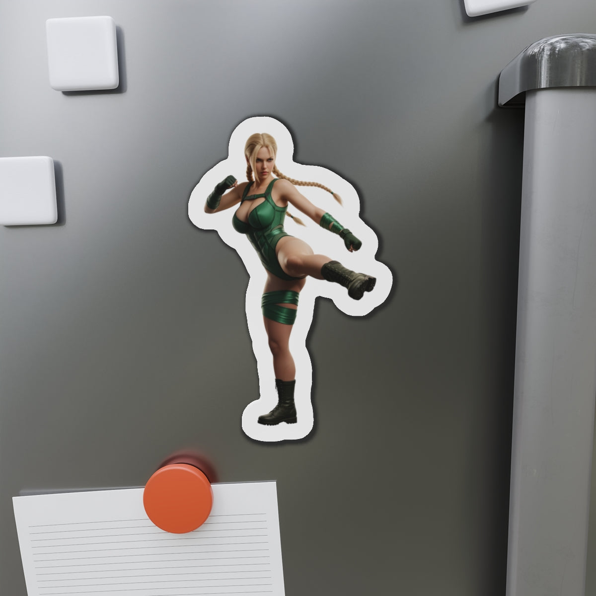 Cammy White Magnet – Street Fighter Anime Heroine Fridge Magnet, Game Decor die-cut vinyl fridge magnet showing Cammy in green combat pose