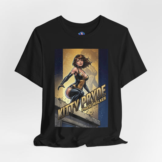 Kitty Pryde T-Shirt | Marvel X-Men Anime Tee for Gamers & Fans featuring stylized phase-walking hero on Bella Canvas black tee