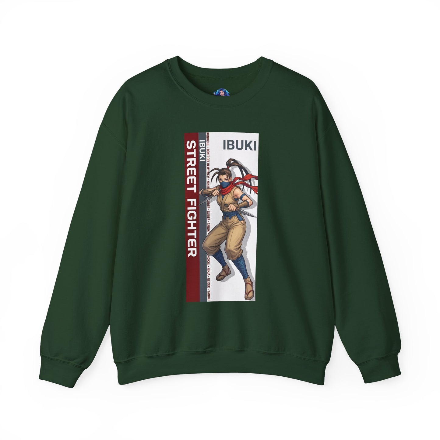 Ibuki Sweatshirt, Street Fighter Crewneck, Agile Ninja Gaming Apparel for Fans – dark green crewneck with Ibuki ninja character graphic