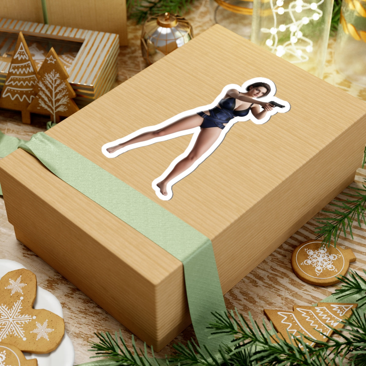 Jill Valentine Sticker – Survival Game Vinyl Sticker for Laptops & Indoor Decor on a wrapped gift box, glossy tactical character vinyl decal