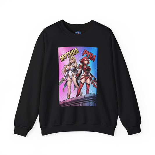 Mythra and Pyra Sweatshirt, Fantasy RPG Crewneck, Anime-Inspired Fan Apparel featuring vibrant artwork of Mythra and Pyra on a black crewneck