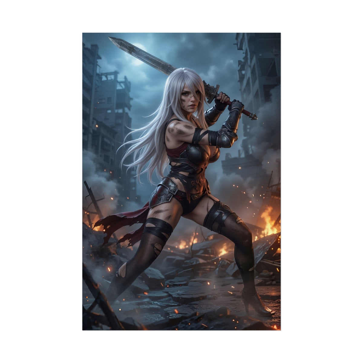 A2 Poster, NieR Automata Art Print  Sci-Fi RPG Heroine Wall Decor featuring armored female warrior with sword in fiery ruined city