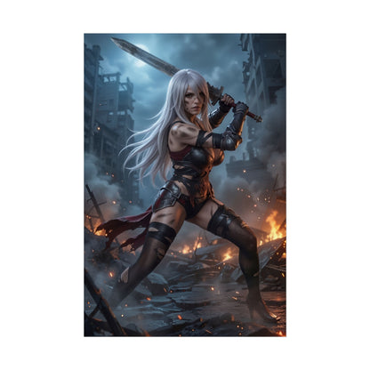 A2 Poster, NieR Automata Art Print – Sci-Fi RPG Heroine Wall Decor featuring armored female warrior with sword in fiery ruined city