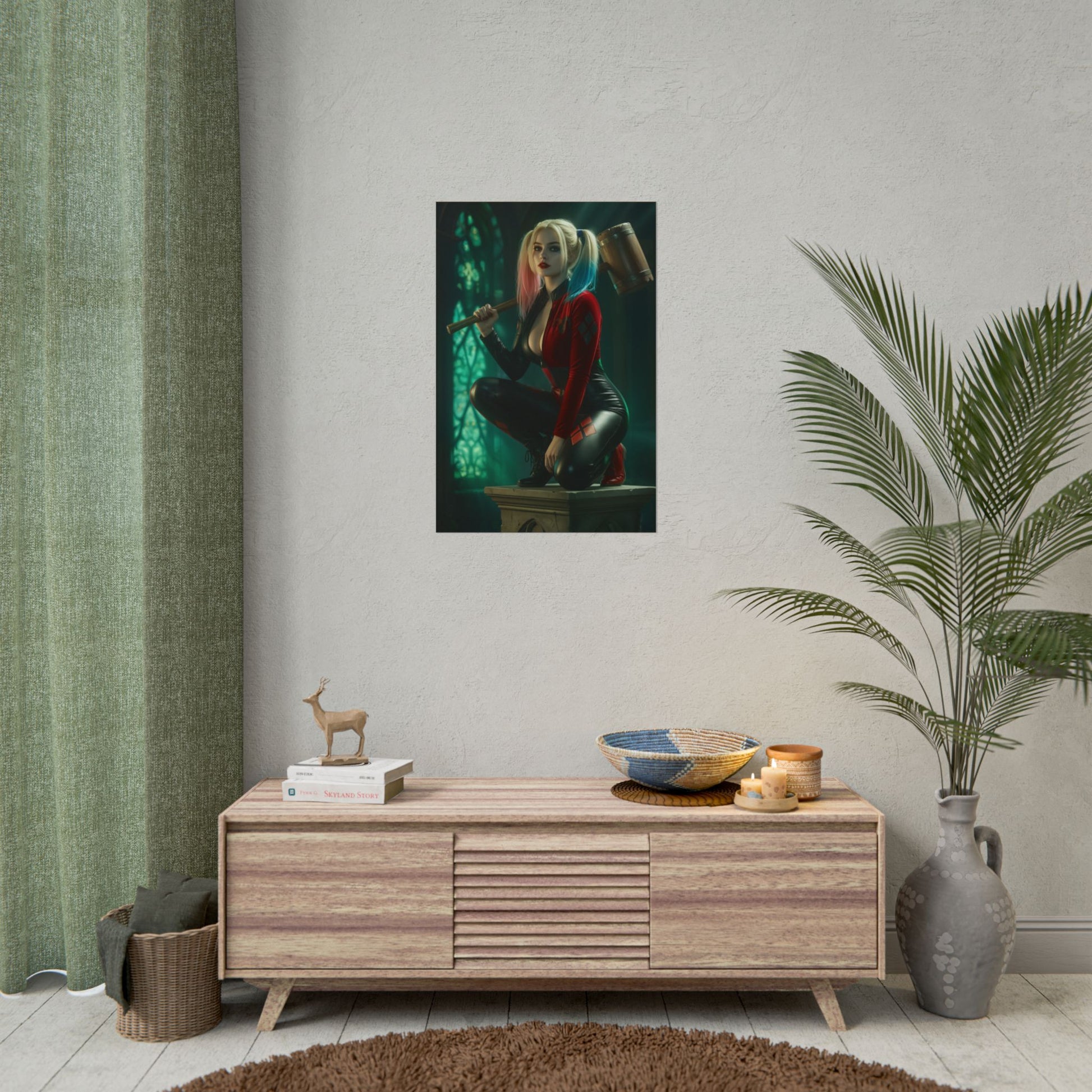 Harley Quinn Poster – Iconic Comic Heroine Wall Art for Gamer Decor, vibrant high-res poster of Harley Quinn in gaming room