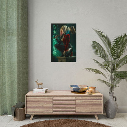 Harley Quinn Poster – Iconic Comic Heroine Wall Art for Gamer Decor, vibrant high-res poster of Harley Quinn in gaming room