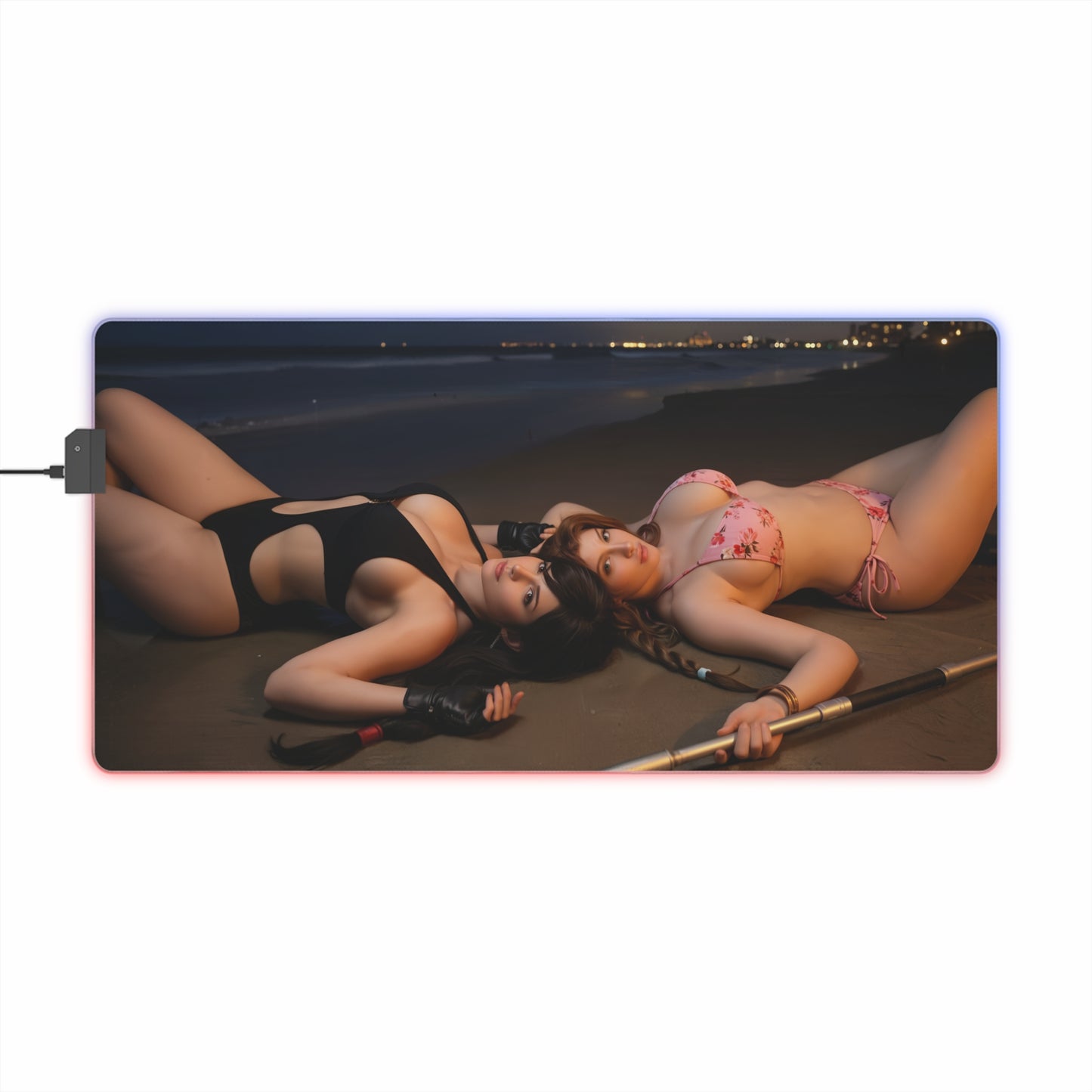Tifa Lockhart and Aerith Gainsborough Desk Mat – LED RGB Pad showing duo characters on a beach-themed RGB gaming desk mat