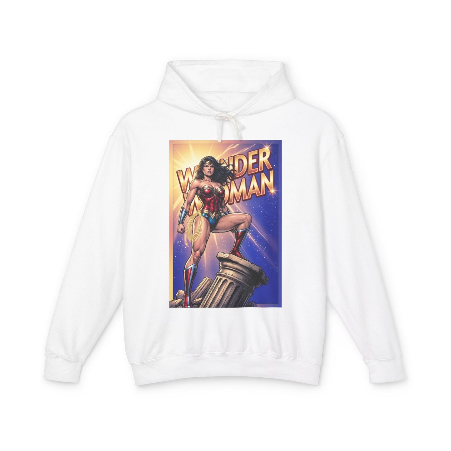 Wonder Woman Hoodie | DC Superhero Hoodie | Amazon Warrior Pullover - white streetwear pullover with bold Wonder Woman comic art on front