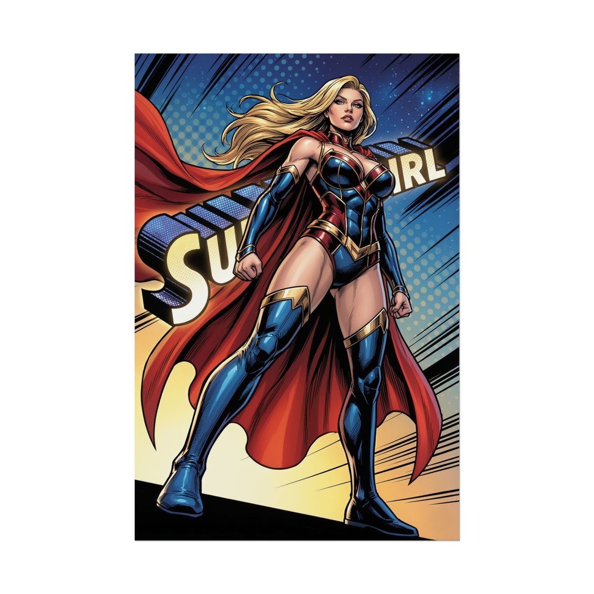 Supergirl Poster / Supergirl Wall Art / Supergirl Art Print / DC Comics Poster featuring powerful Supergirl standing in dramatic sky with bold comic colors
