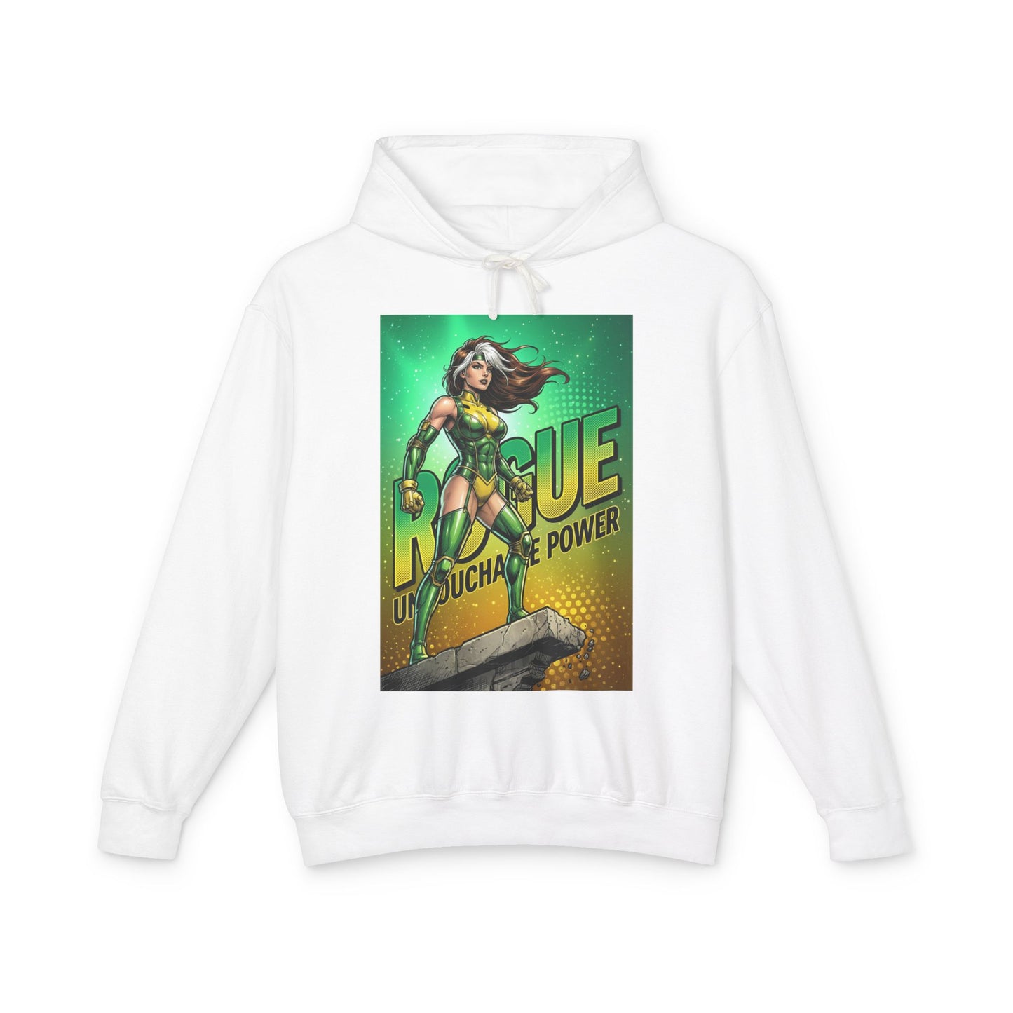 Rogue Hoodie | Marvel Superhero Hoodie | Power Absorber Pullover - white hoodie with bold Rogue comic art and power-absorbing heroine pose