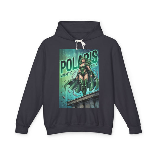 Alt Tag: Polaris Hoodie | Marvel Superhero Hoodie | Magnetic Queen Pullover — dark hoodie with emerald Polaris comic art and magnetic queen graphic