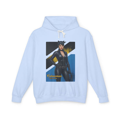 Catwoman Hoodie | DC Comics Hoodie | Anime Gotham Anti-Heroine Pullover - light blue pullover with anime-style Catwoman graphic