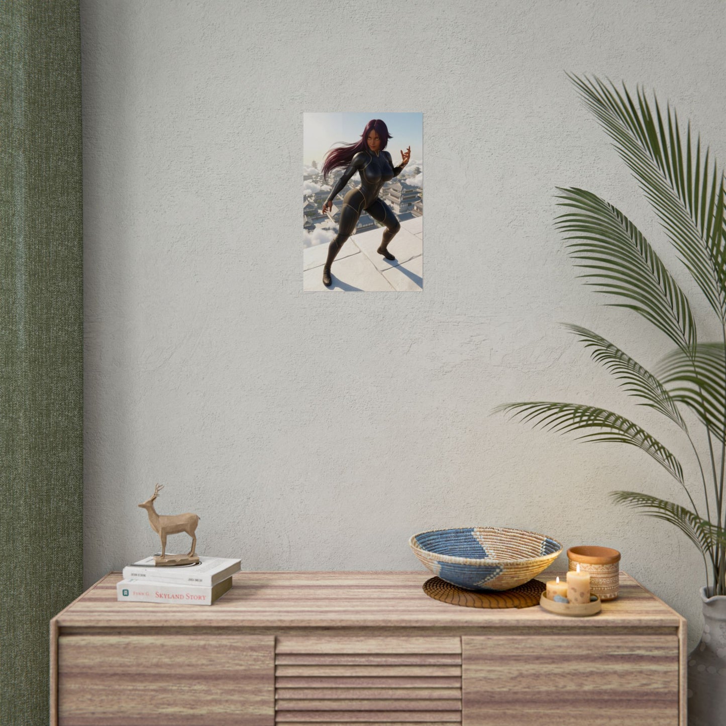Yoruichi Shihouin Poster, Bleach Wall Art Print – Anime Decor on a modern media room wall above a console