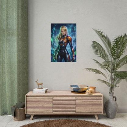 Samus Aran Sci Fi Armor Girl Poster Space Bounty Hunter Wall Art Futuristic Woman Print Gaming Room Decor Gift