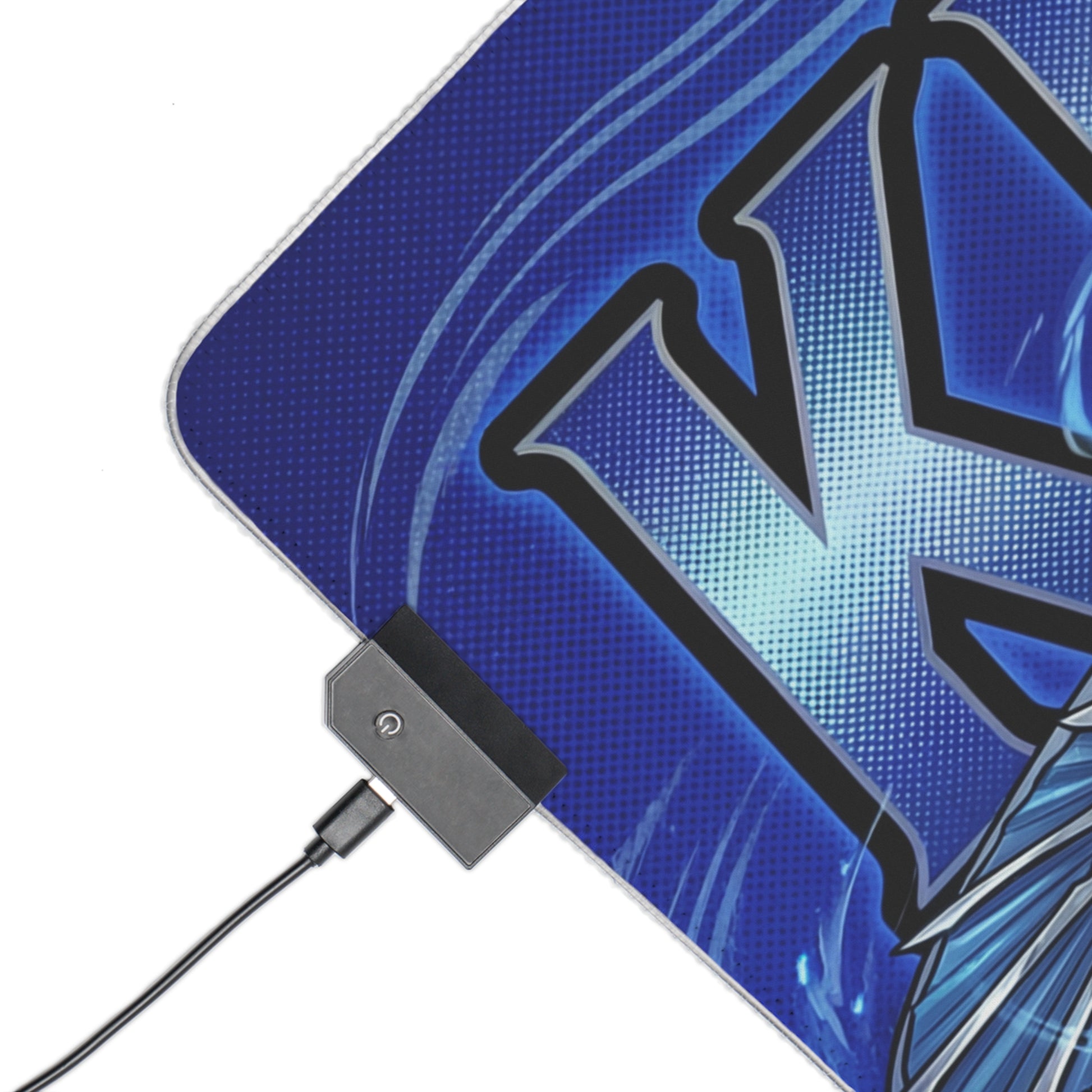 Kitana RGB Desk Mat, Mortal Kombat Gaming Mouse Pad, LED Desk Mat for Gamer Setup — close-up of blue Kitana artwork and LED controller on soft-cloth surface