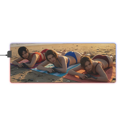 Ada Wong, Claire Redfield & Jill Valentine Desk Mat – LED RGB Pad showing three heroines in swimsuits on beach with RGB edge lighting