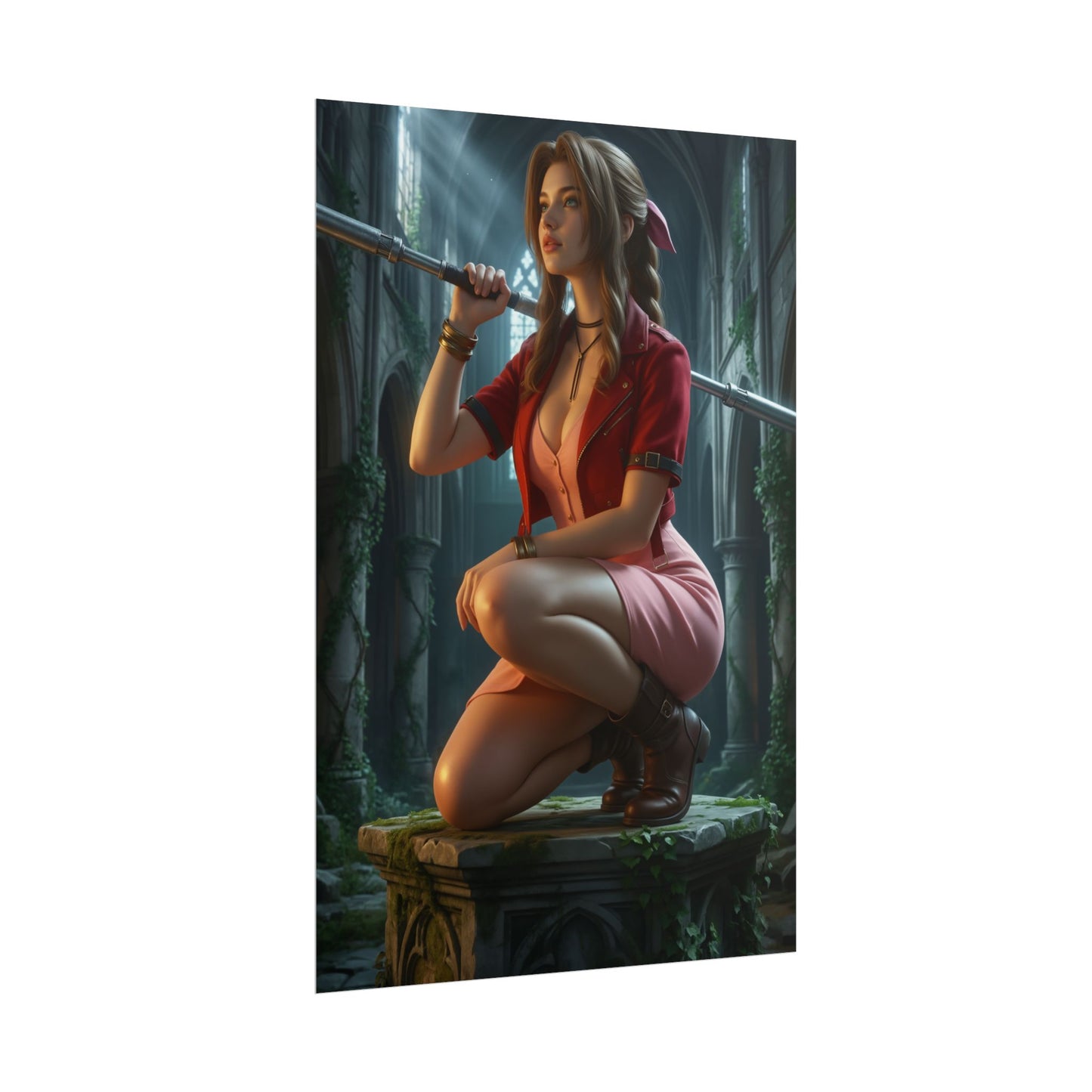 Aerith Gainsborough Poster, Final Fantasy VII Art Print, Iconic RPG Hero kneeling in ruined cathedral holding staff, calm graceful pose