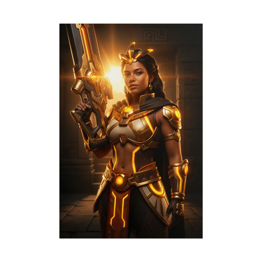 Illari Poster, Overwatch Art Print – Iconic Support Heroine Wall Art - golden-armored Illari holding radiant energy rifle for gamer room decor