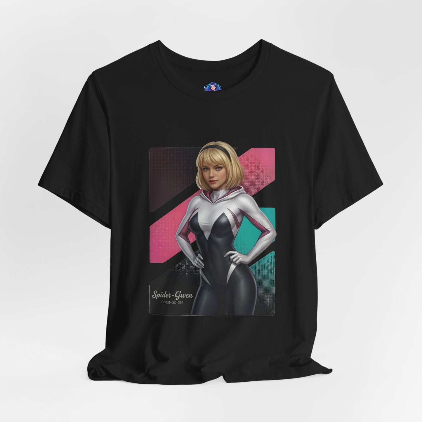 Spider-Gwen T-Shirt | Marvel Anime Tee for Gamers & Superhero Fans - anime-style Spider-Gwen print on black Bella Canvas 3001 unisex tee
