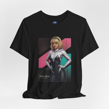 Spider-Gwen T-Shirt | Marvel Anime Tee for Gamers & Superhero Fans - anime-style Spider-Gwen print on black Bella Canvas 3001 unisex tee