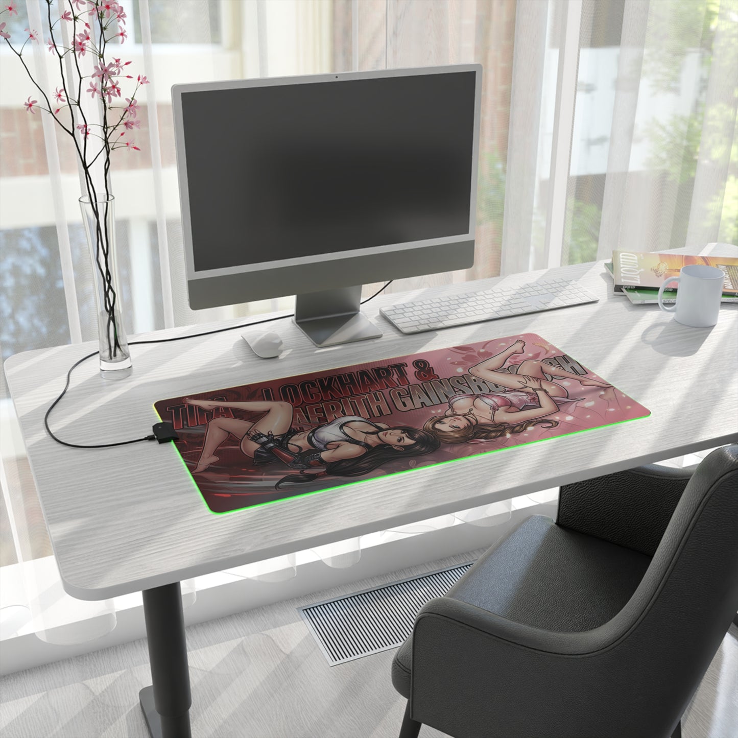 Tifa and Aerith RGB Desk Mat, Final Fantasy Gaming Mouse Pad, LED Desk Mat for Gamer Setup on modern white desk with RGB glow and dual character artwork