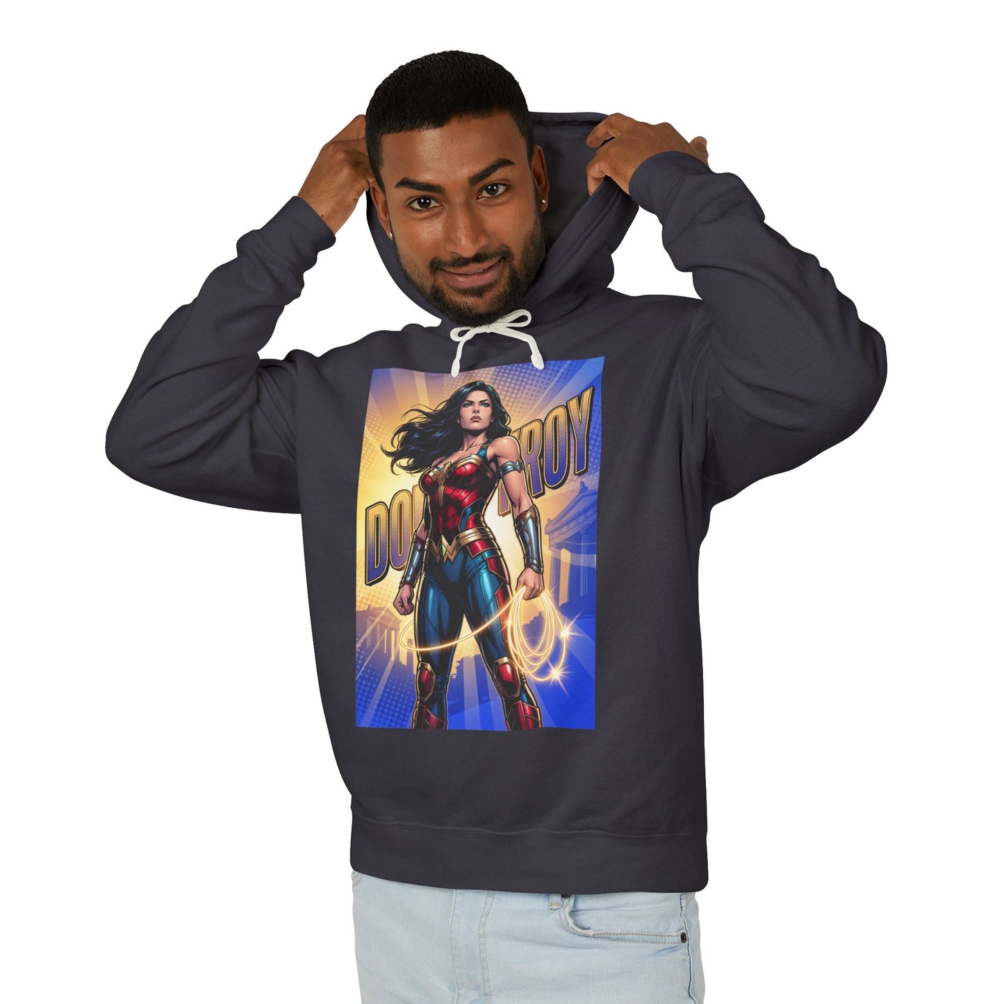 Donna Troy Hoodie | DC Superhero Hoodie | Amazon Legacy Pullover featuring male model wearing black hoodie with bold Donna Troy warrior graphic