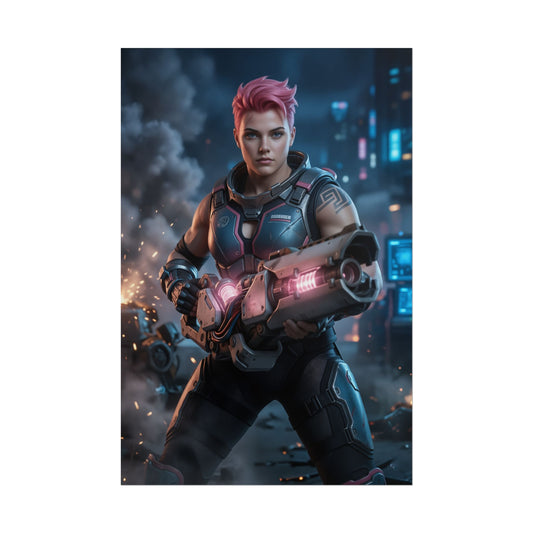 Zarya Poster Overwatch Wall Art Print Gaming Room Decor showcasing armored Zarya with glowing weapon effects in a dramatic sci-fi action pose