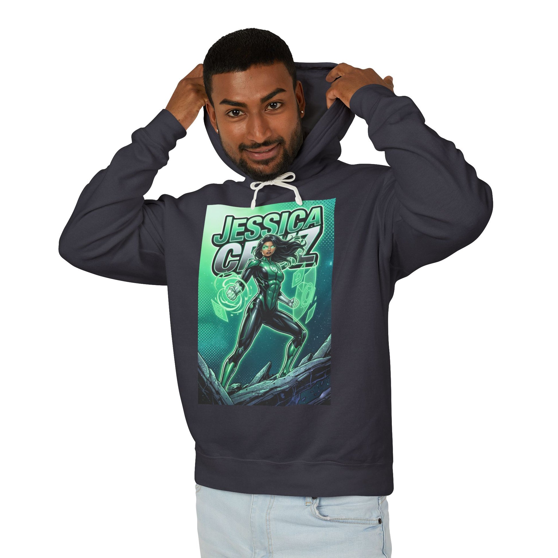 Jessica Cruz Hoodie | Green Lantern Hoodie | DC Superhero Pullover - man wearing black hoodie with glowing Jessica Cruz graphic
