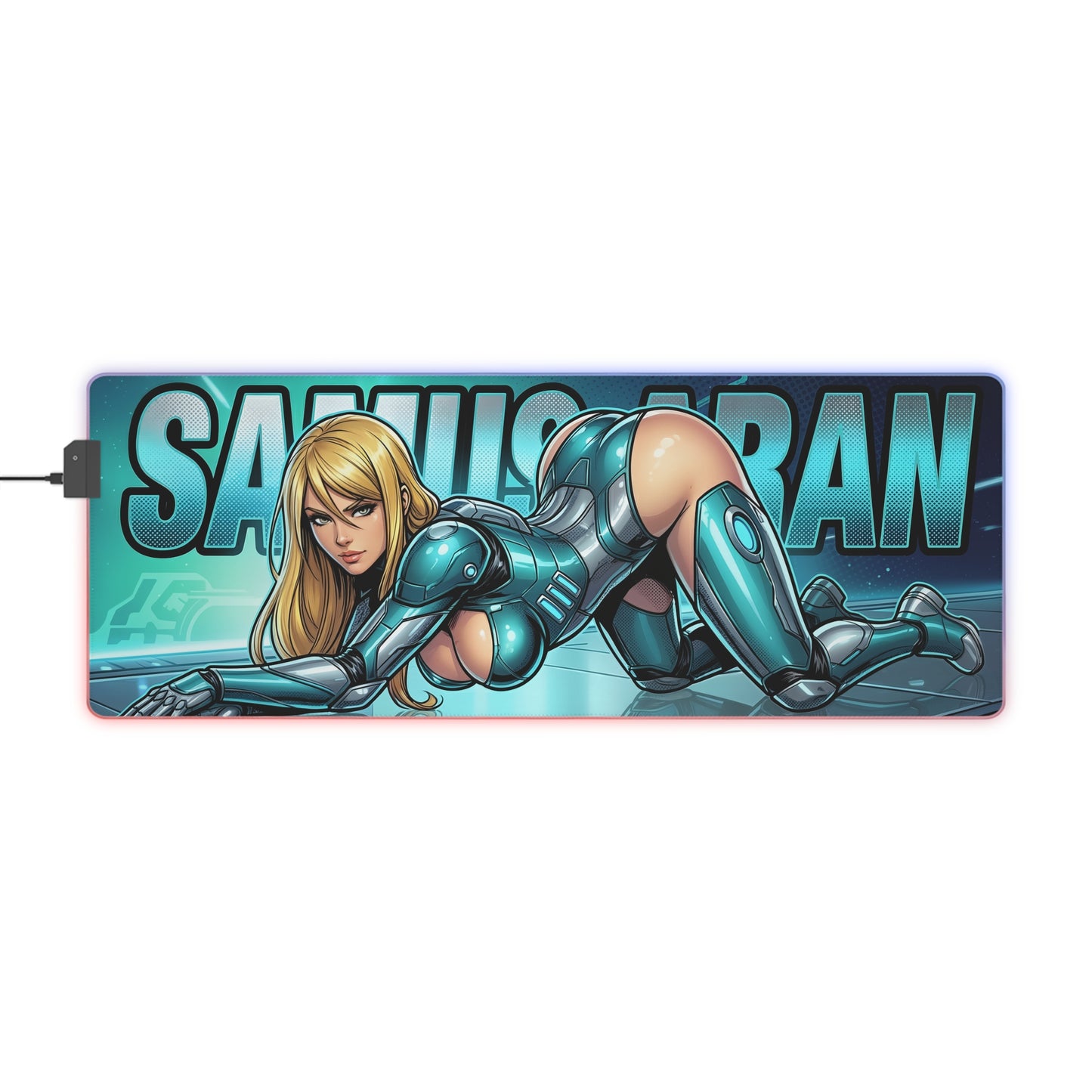 Samus Aran RGB Desk Mat, Futuristic Gaming Mouse Pad, LED Desk Mat for Gamer Setup — sci-fi armor artwork, RGB glow, smooth cloth surface, non-slip base