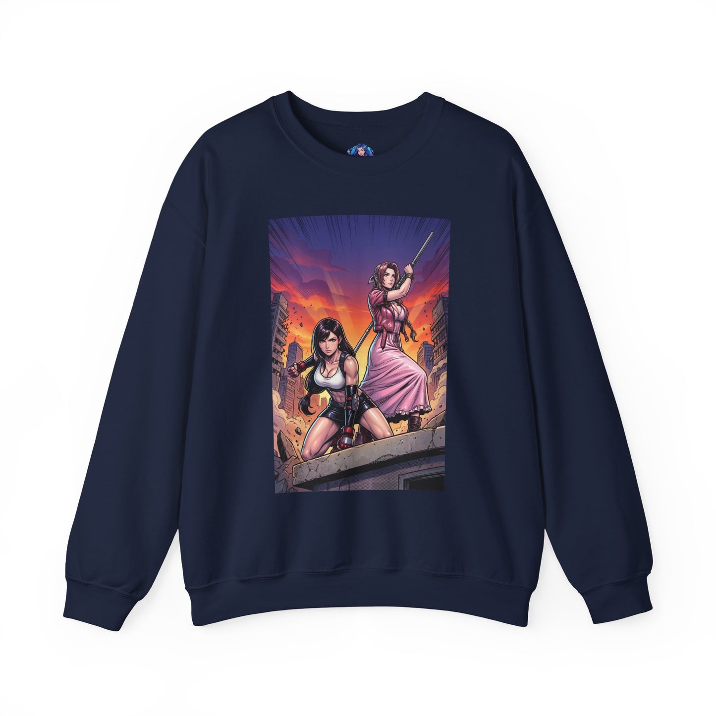 Tifa Lockhart & Aerith Gainsborough Sweatshirt, Game Character Art, Premium Fan Apparel — navy crewneck with cinematic Tifa and Aerith battle-ready illustration