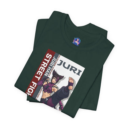 Juri Han T-Shirt | Street Fighter Anime Tee for Gamers & Fighting Game Fans - folded Bella Canvas tee with bold Juri anime illustration
