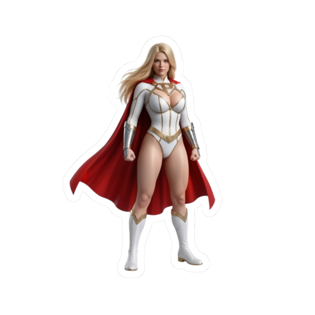 Power Girl Sticker – Comic Heroine Vinyl Sticker for Laptops & Indoor Decor showing bold blonde heroine in white costume with red cape