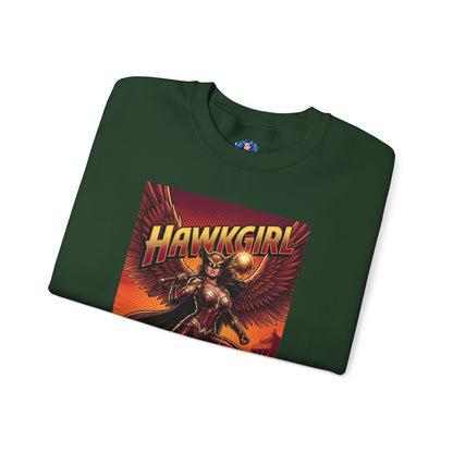 Hawkgirl Sweatshirt, DC Comics Wall Art Style, Premium Heroine Apparel showing folded green crewneck with anime-inspired winged armor and mace graphic