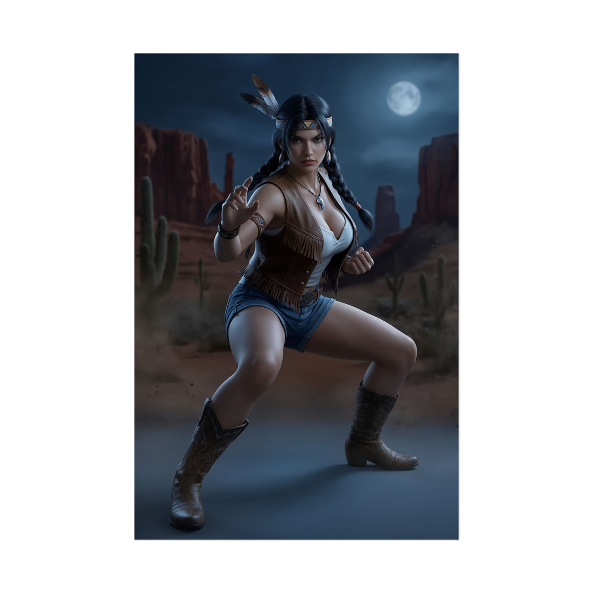 Julia Chang Poster, Tekken Art Print  Iconic Fighting Game Heroine: ultra-high res poster of athletic martial arts heroine in desert moonlit scene