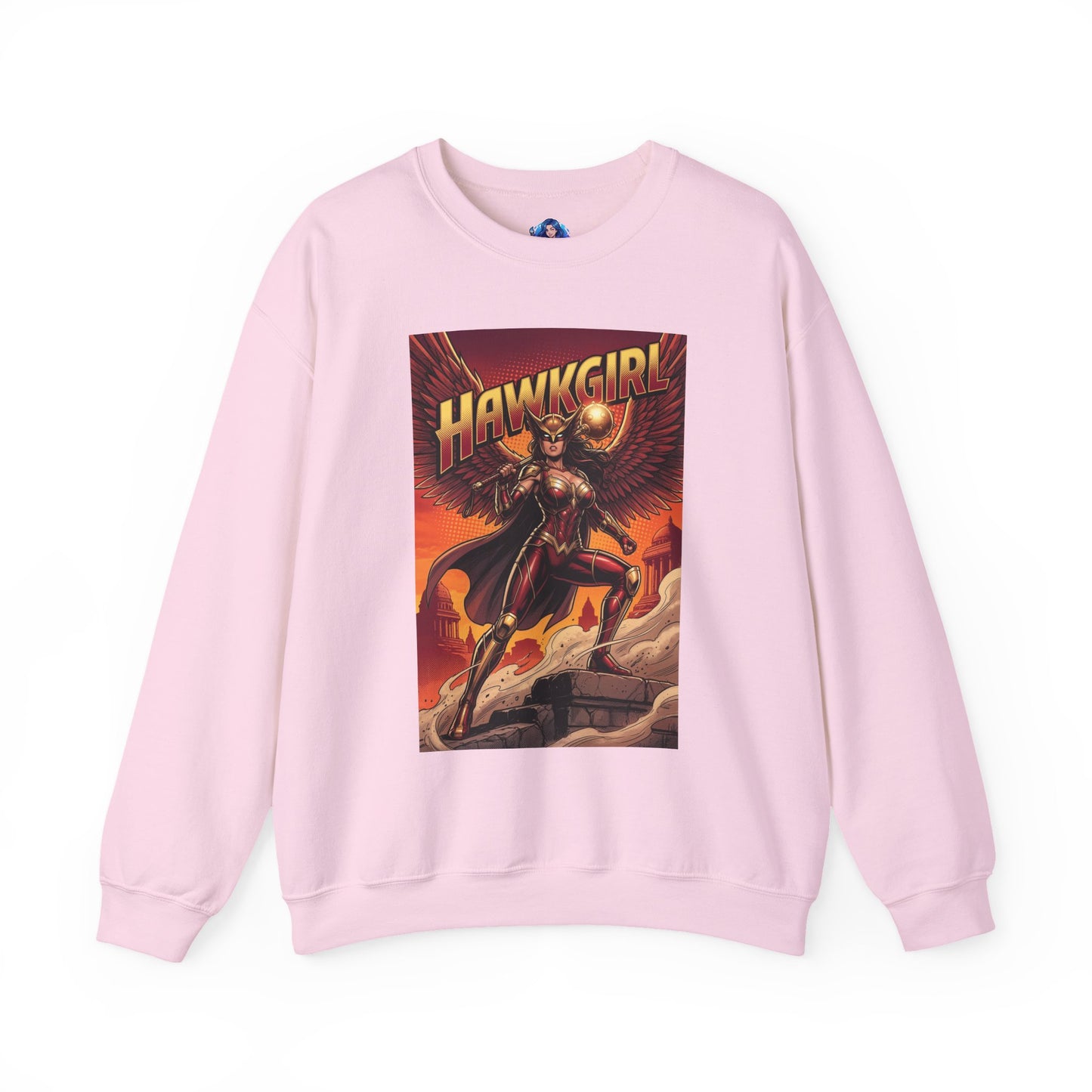 Hawkgirl Sweatshirt, DC Comics Wall Art Style, Premium Heroine Apparel - pink crewneck featuring anime-inspired Hawkgirl with wings and mace