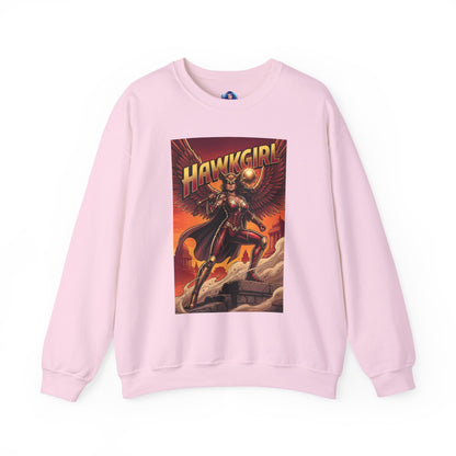 Hawkgirl Sweatshirt, DC Comics Wall Art Style, Premium Heroine Apparel - pink crewneck featuring anime-inspired Hawkgirl with wings and mace