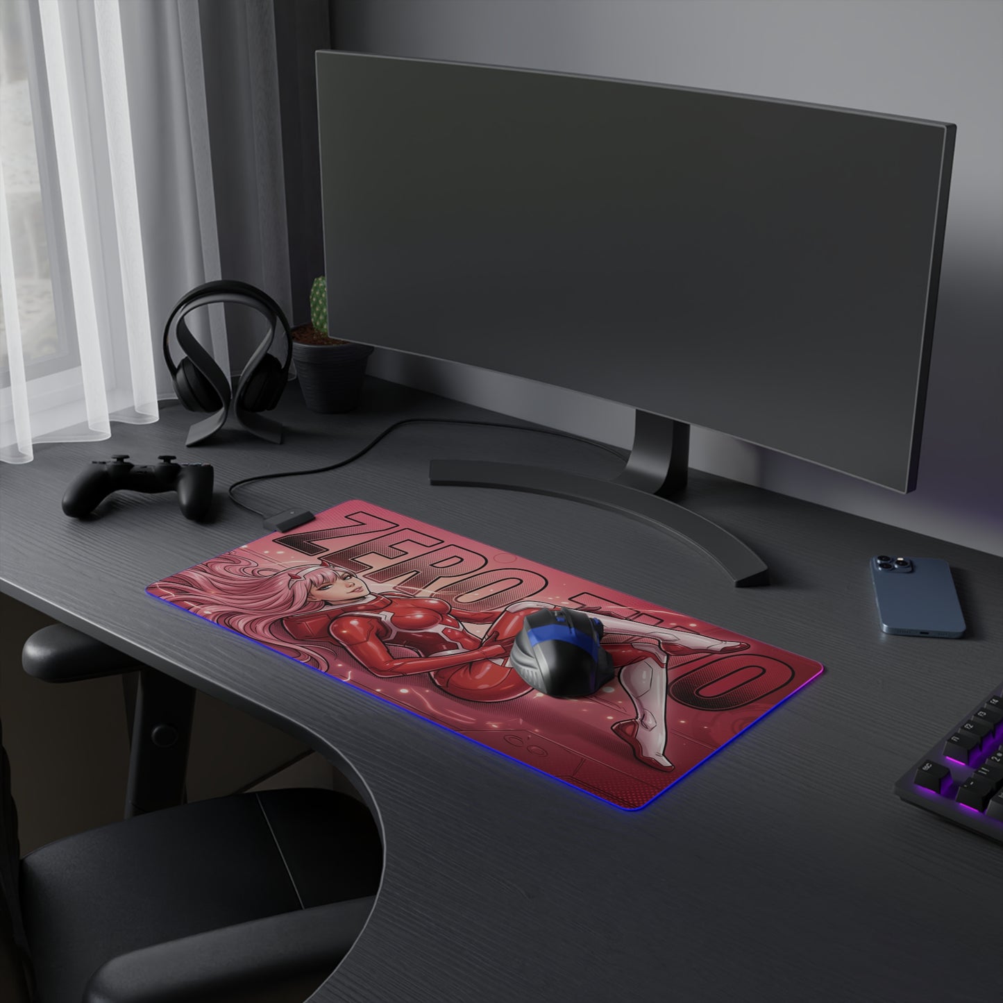 Zero Two RGB Desk Mat, Anime Gaming Mouse Pad, LED Desk Mat for Gamer Setup showing red anime character pose on a backlit RGB surface