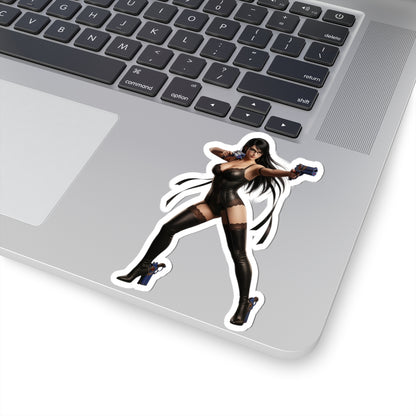 Bayonetta Sticker – Action Game Vinyl Sticker for Laptops & Indoor Decor showing glossy cut‑out of Bayonetta character applied to a silver laptop corner
