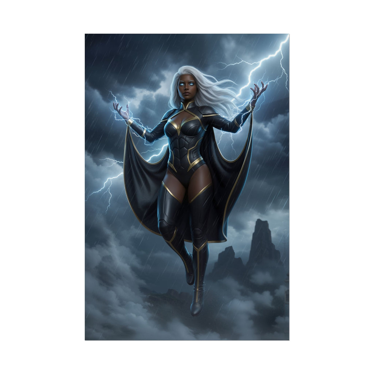 Storm Poster, Marvel Art Print  Powerful Heroine Wall Art - Storm heroine striking lightning in dramatic rainy sky poster