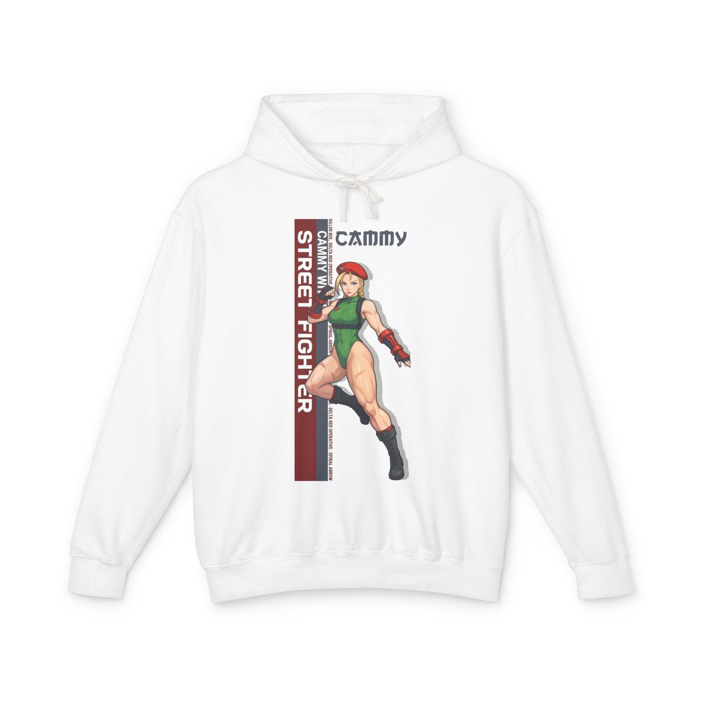 Cammy Hoodie | Street Fighter Hoodie | Anime Fighter Girl Pullover white pullover with bold Cammy anime illustration and vertical Street Fighter text