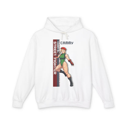Cammy Hoodie | Street Fighter Hoodie | Anime Fighter Girl Pullover white pullover with bold Cammy anime illustration and vertical Street Fighter text