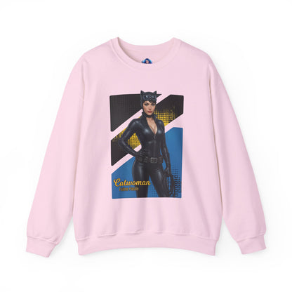 Catwoman Sweatshirt, DC Comics Crewneck, Sleek Superhero Apparel for Fans — pink crewneck with sleek Catwoman graphic and bold comic-style background