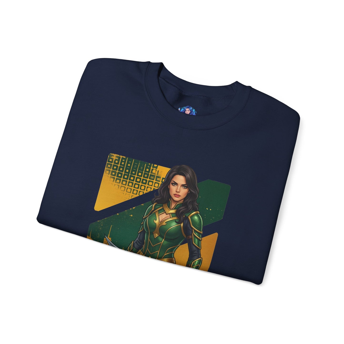 Talia al Ghul Sweatshirt, DC Comics Crewneck, Elegant Villain Apparel for Fans navy crewneck with stylized Talia al Ghul artwork